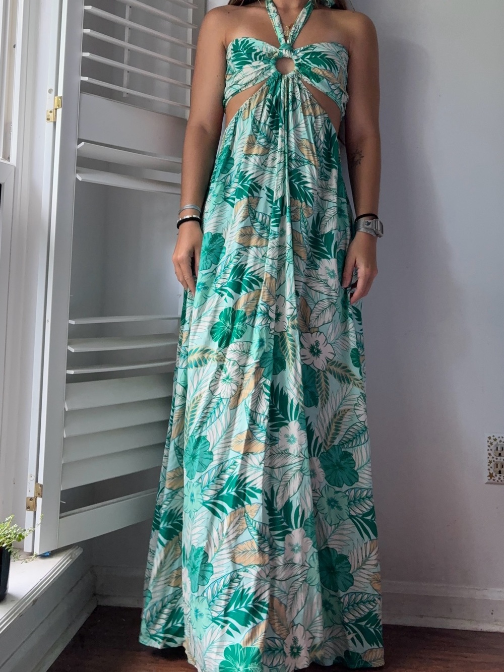 Aakaa Green and Cream Tropical Halter Maxi Dress